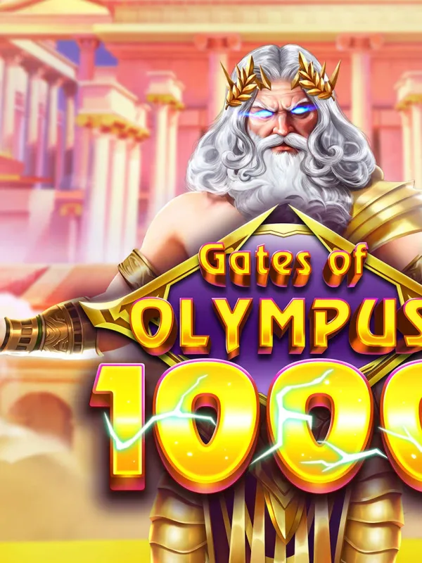 G&ouml;tterfigur mit wehendem Umhang schleudert Blitze zwischen Marmors&auml;ulen im Hochformat &ndash; Gates of Olympus 1000