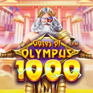 B&auml;rtiger G&ouml;tterkopf schleudert goldene Blitze zwischen Marmors&auml;ulen &ndash; Gates of Olympus 1000 im Kingmaker Casino